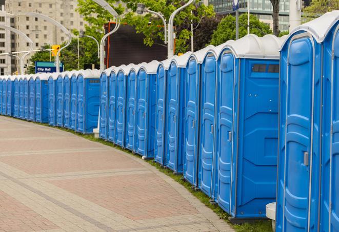 portable restrooms lined up at a marathon, ensuring runners can take a much-needed bathroom break in Blacklick